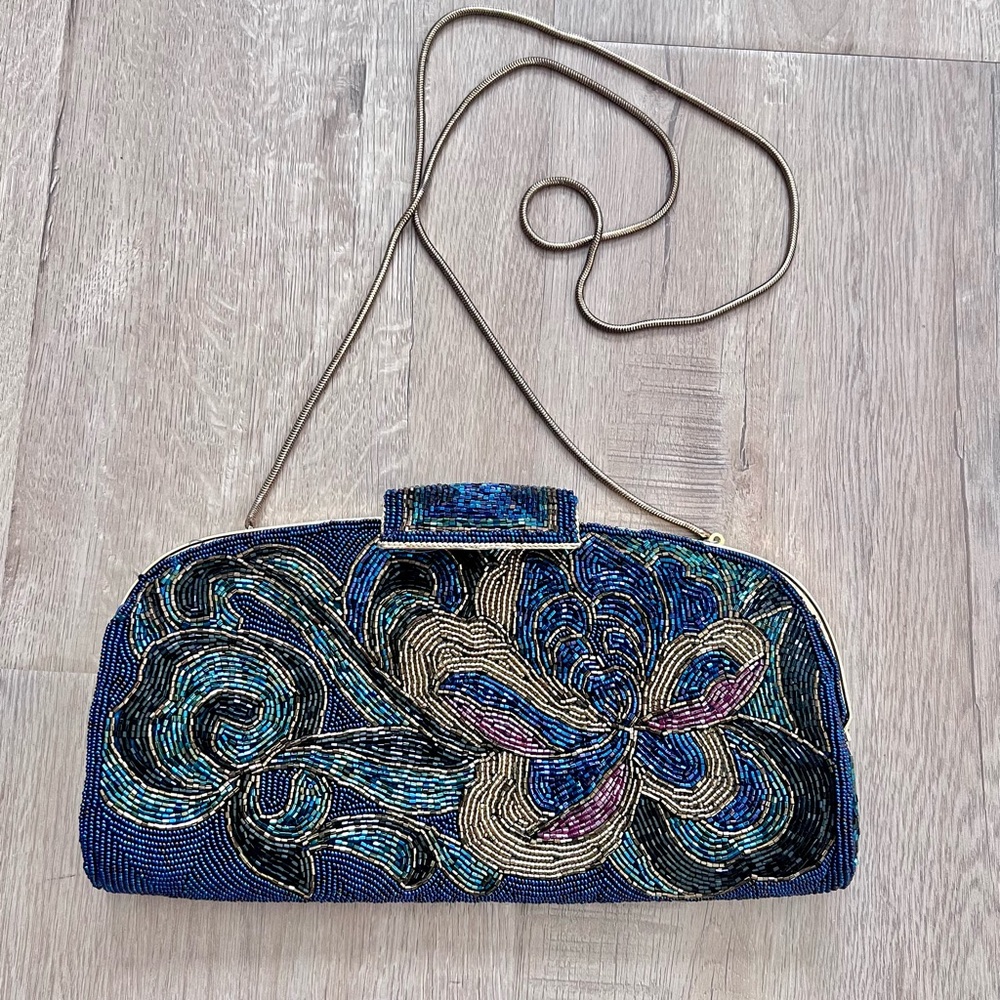Antique Blue Gold Beaded Art Deco 1920s Clutch Purse Flapper Evening Bag‎ Party